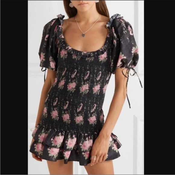 LOVESHACKFANCY Violet Dress in Black Coffee Smocked Puff Sleeves Cottagecore P - Picture 7 of 13